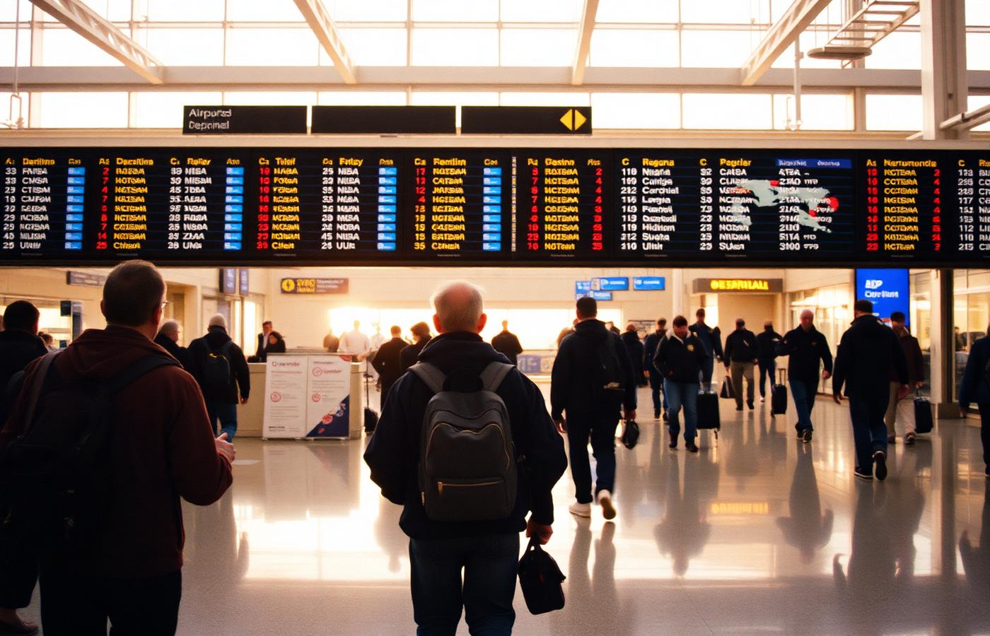 Airport departures board with travellers walking through the terminal
