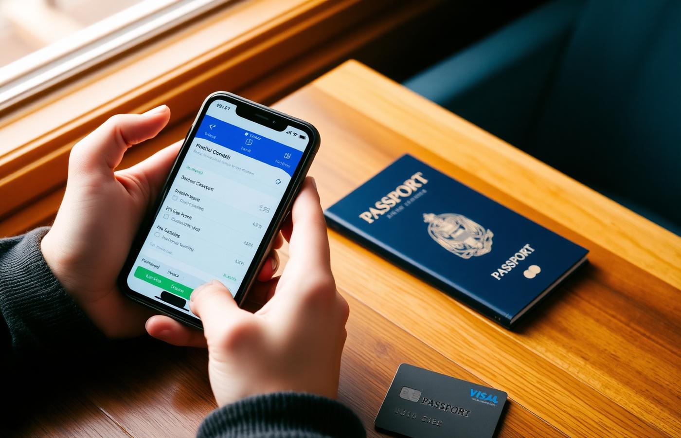 Phone showing a travel booking next to a passport and bank card
