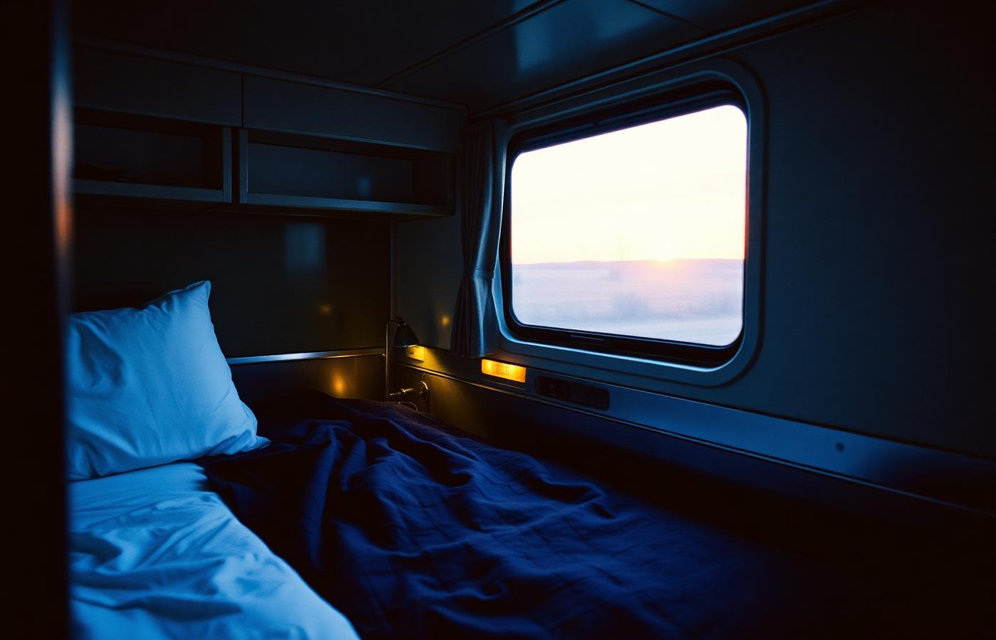 Sleeper train berth at dusk