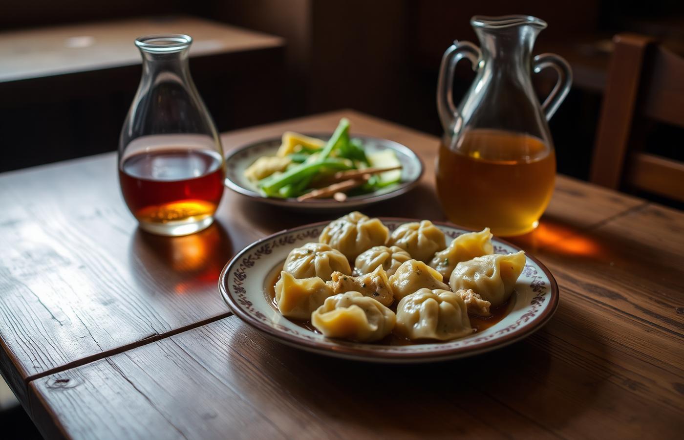 A plate of khinkali dumplings and a jug of amber wine on a wooden table