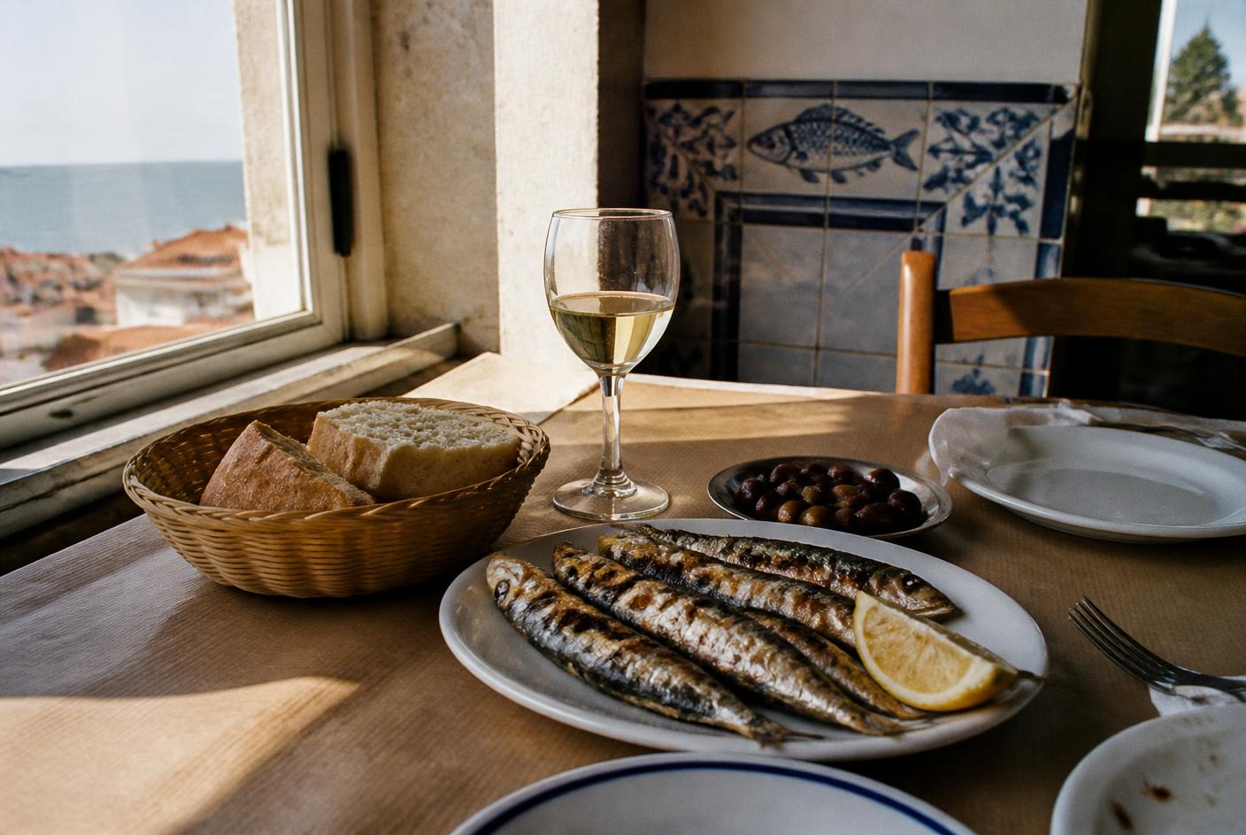 Grilled sardines, bread, olives and a glass of white wine on a Lisbon restaurant table