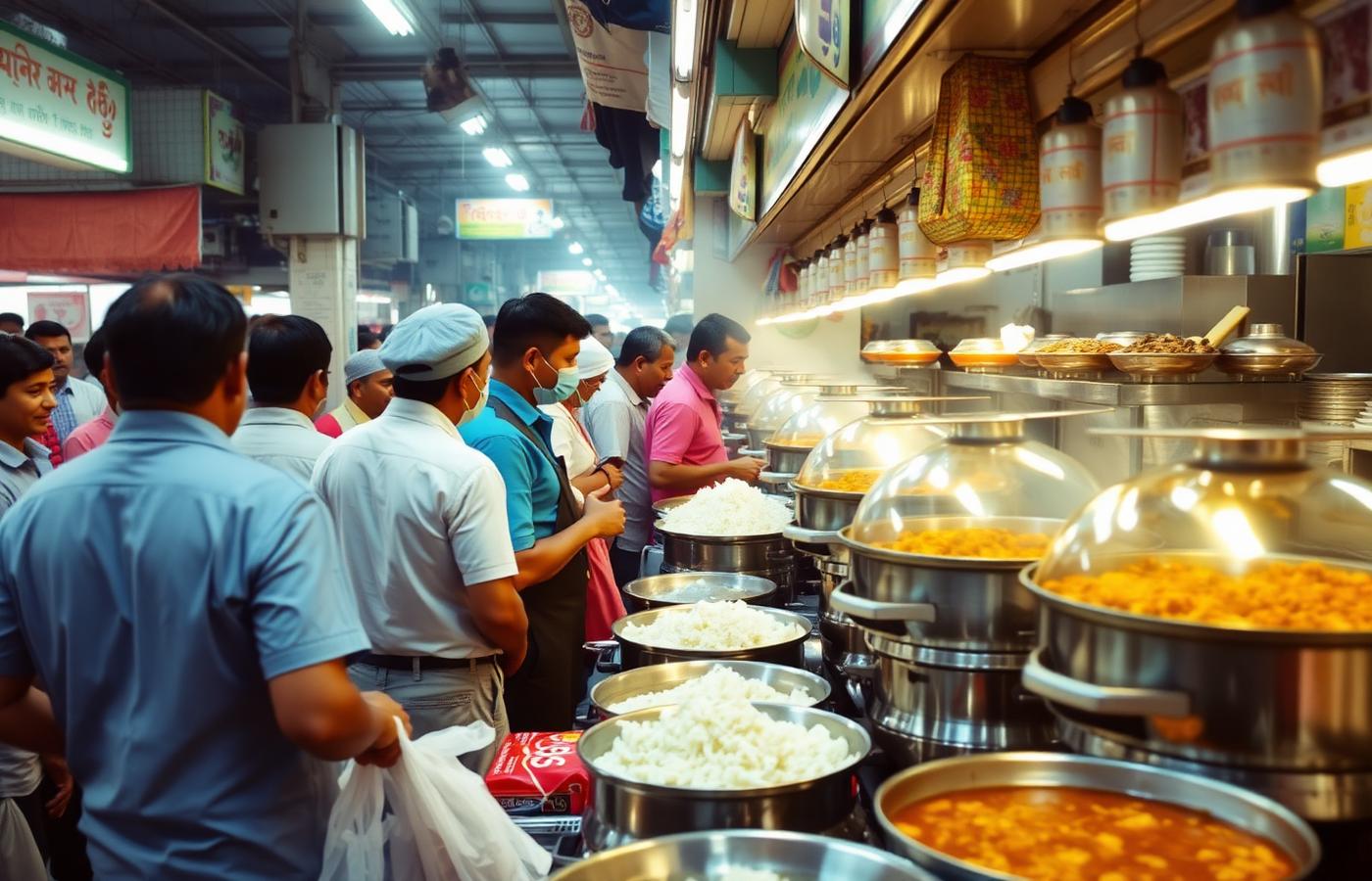 Busy market food hall at lunchtime with locals queueing