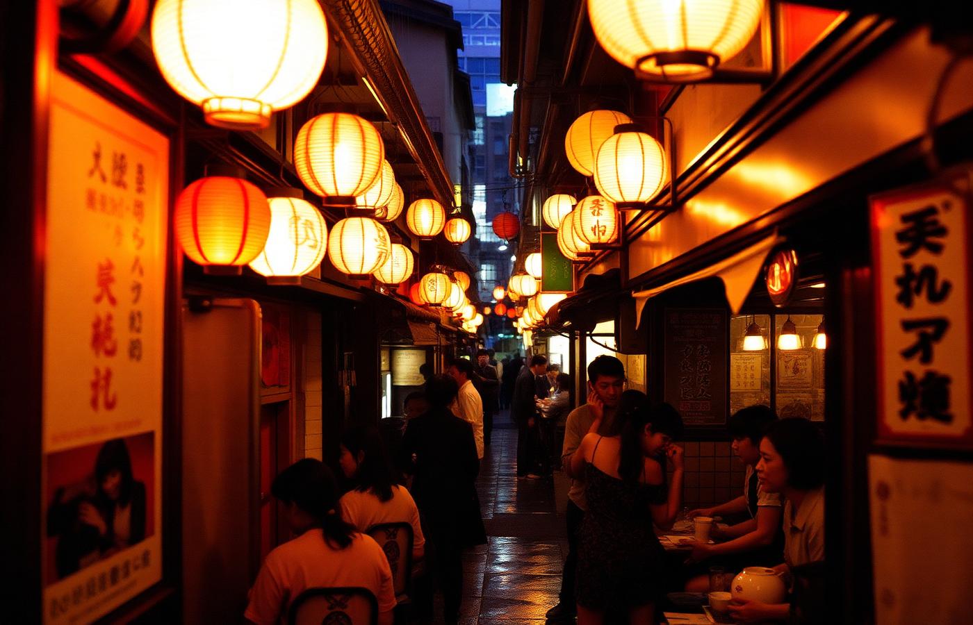 Lantern lit izakaya alley in Osaka at night