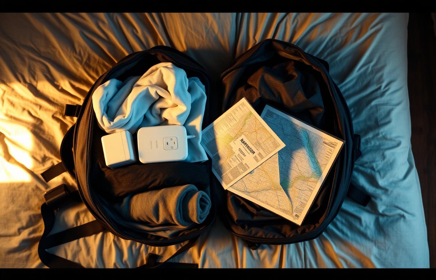 Packed 40 litre backpack with clothes, adapter and a paper map