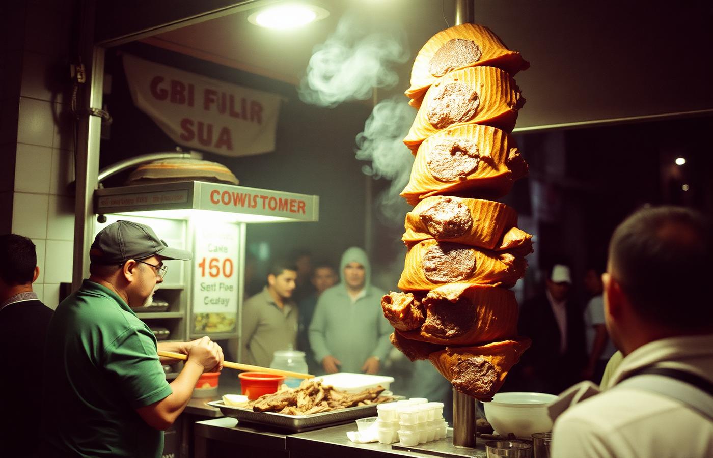 Taco al pastor stand with the spit turning