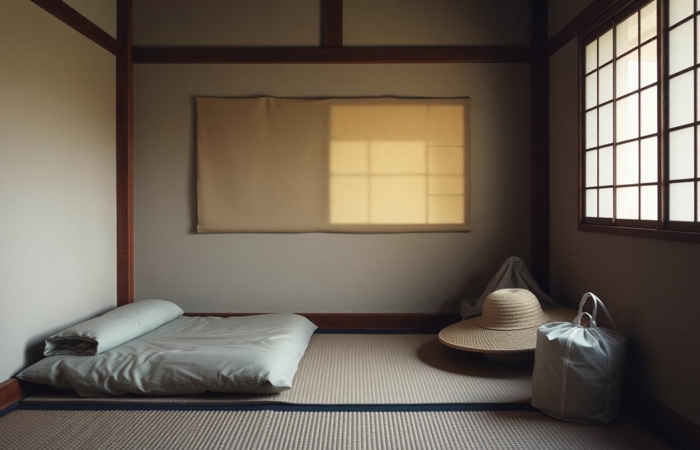 A tatami room in a temple lodging with a futon, a straw hat and a pilgrim bag
