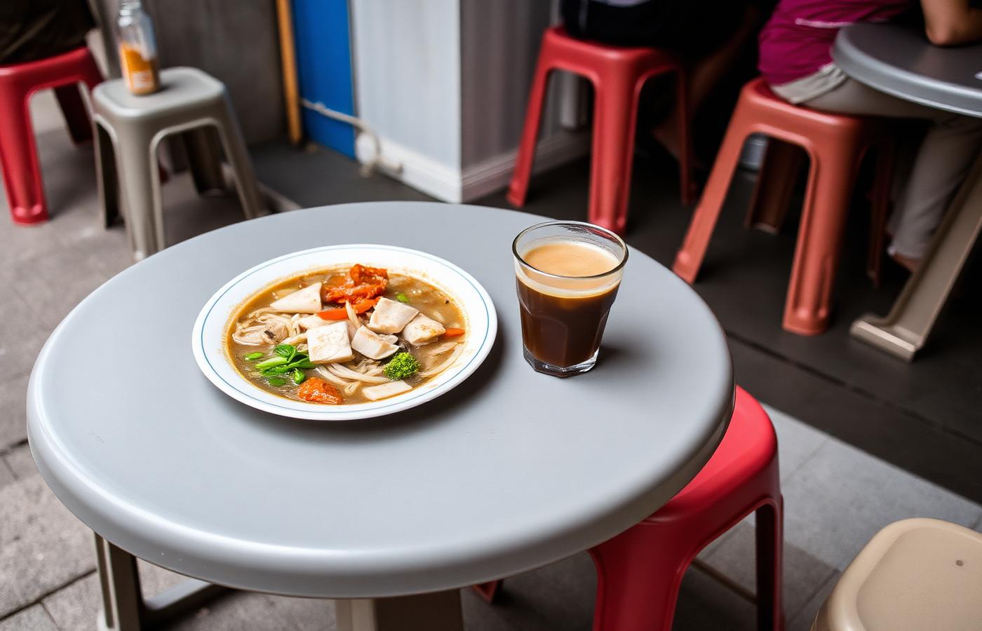 A bowl of pho and an iced coffee on a plastic table at a pavement eatery